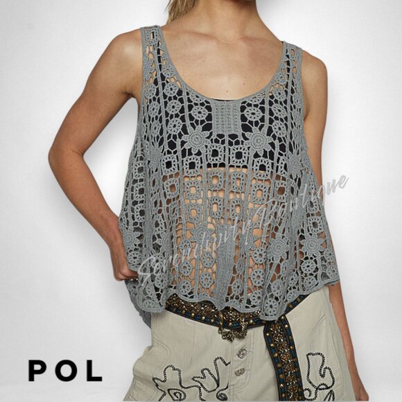 POL Oversized Crochet Squares Floral Patterned Semi Sheer Dove Grey Boho Top - Picture 2 of 11